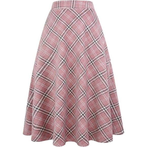 Womens Long Pink New Elastic Waist A-Line Pleated Tartan Long Plaid Wool Skirts - Picture 1 of 4